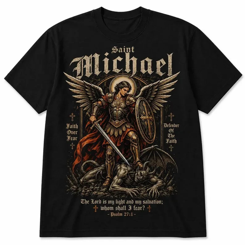 Saint Michael Warrior T-Shirt, Archangel Gothic Faith Over Fear Tee