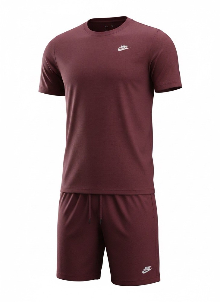 Nike Men's Burgundy Solid Polyester T-Shirt & Shorts Set Logo Drawstring Size L