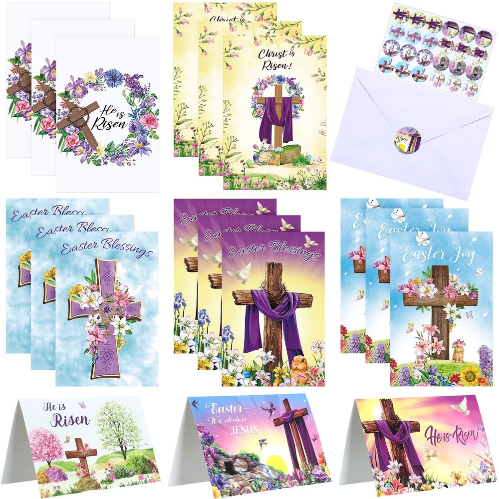 48 Sets Religious Easter Cards Bulk with Envelopes & Stickers He Is Risen Chr...