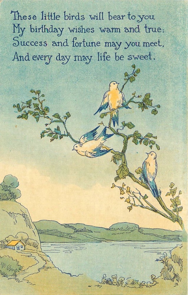 C-1910 Bluebirds birthday wishes Arts & Crafts undivided Postcard 25-518