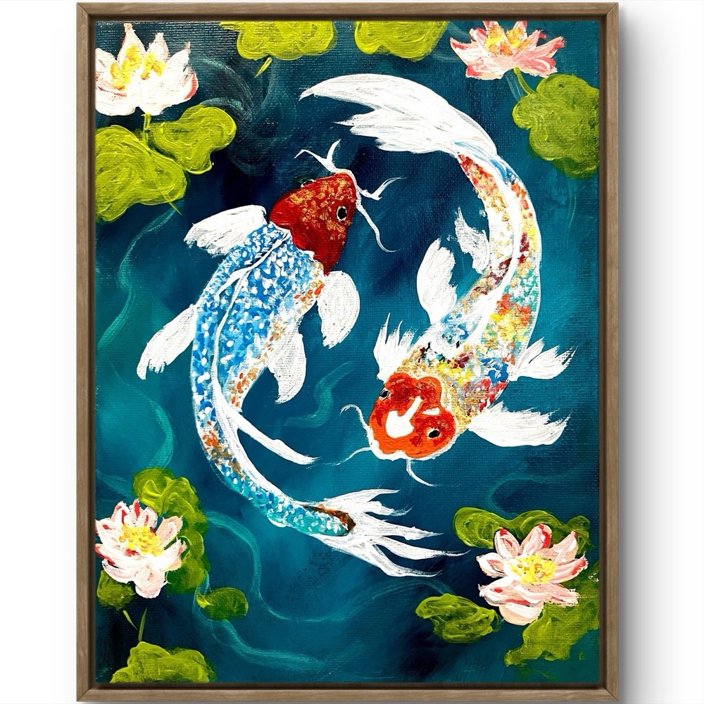 TITA PAINTZ Koi Fish Pond Lotus Flower Lily Hand Painted Wall Art 8x10 Canvas