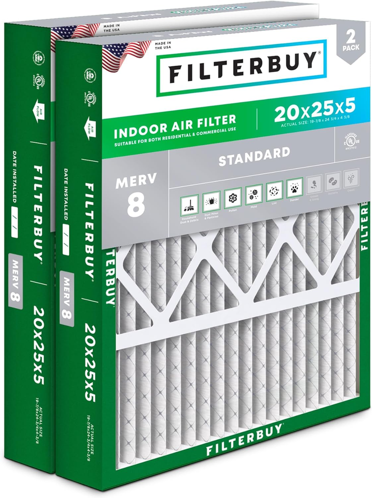 20X25X5 MERV 8 Pleated Air Filter 2-Pack for HVAC AC Furnace