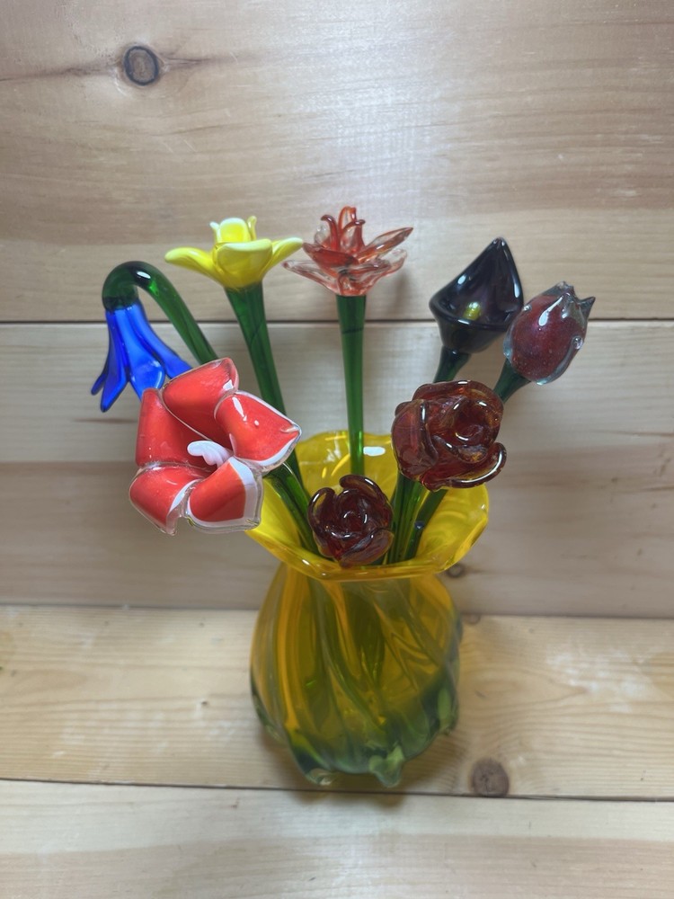 Murano Style Blown Glass Flowers Bouquet Lot Of 8 Red Blue Yellow With Vase READ