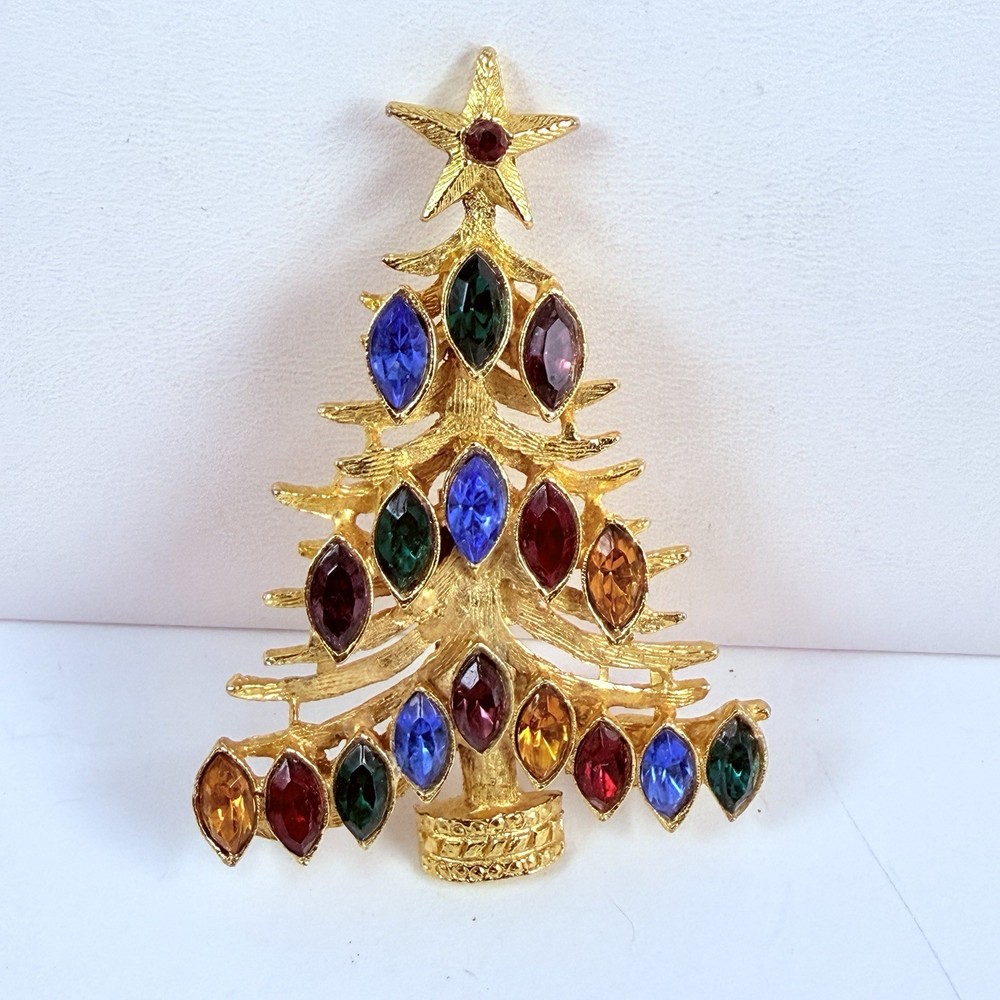 Vintage Colorful Marquee Rhinestone Christmas Tree Brooch Holiday Pin Gold Tone