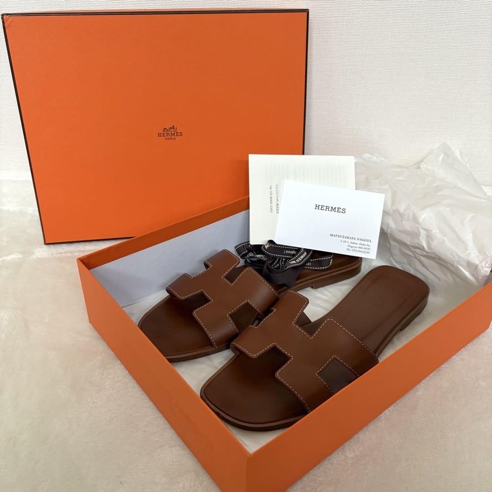 Vintage HERMES Oran Leather Sandals Brown Thong Slides Women's Size 38