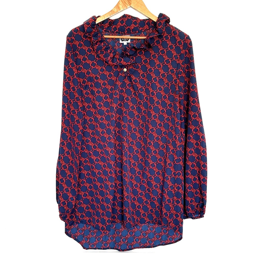 Mud Pie Tunic Women's Large Geometric Ruffle Neck Long Sleeve Lightweight Top