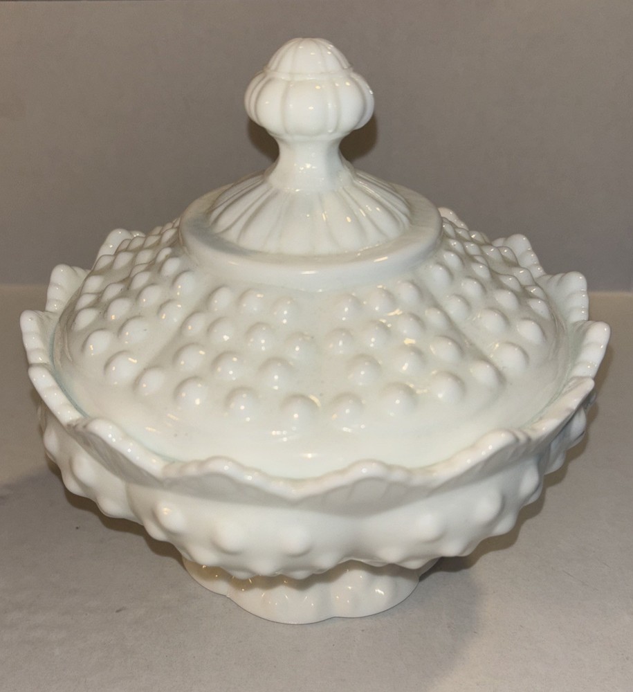 Vintage Fenton Milk Glass Hobnail Pedestal Lidded Candy Dish 6.5