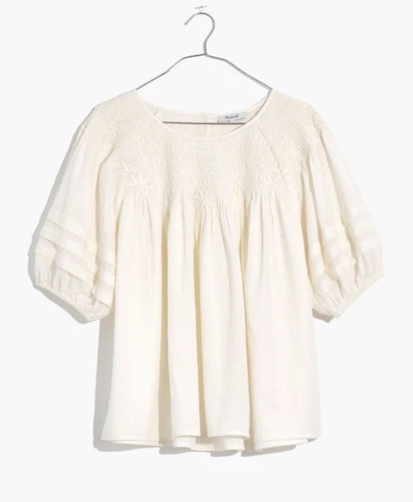Madewell White Embroidered Peasant Blouse Large Boho Cotton Puff Sleeve Top