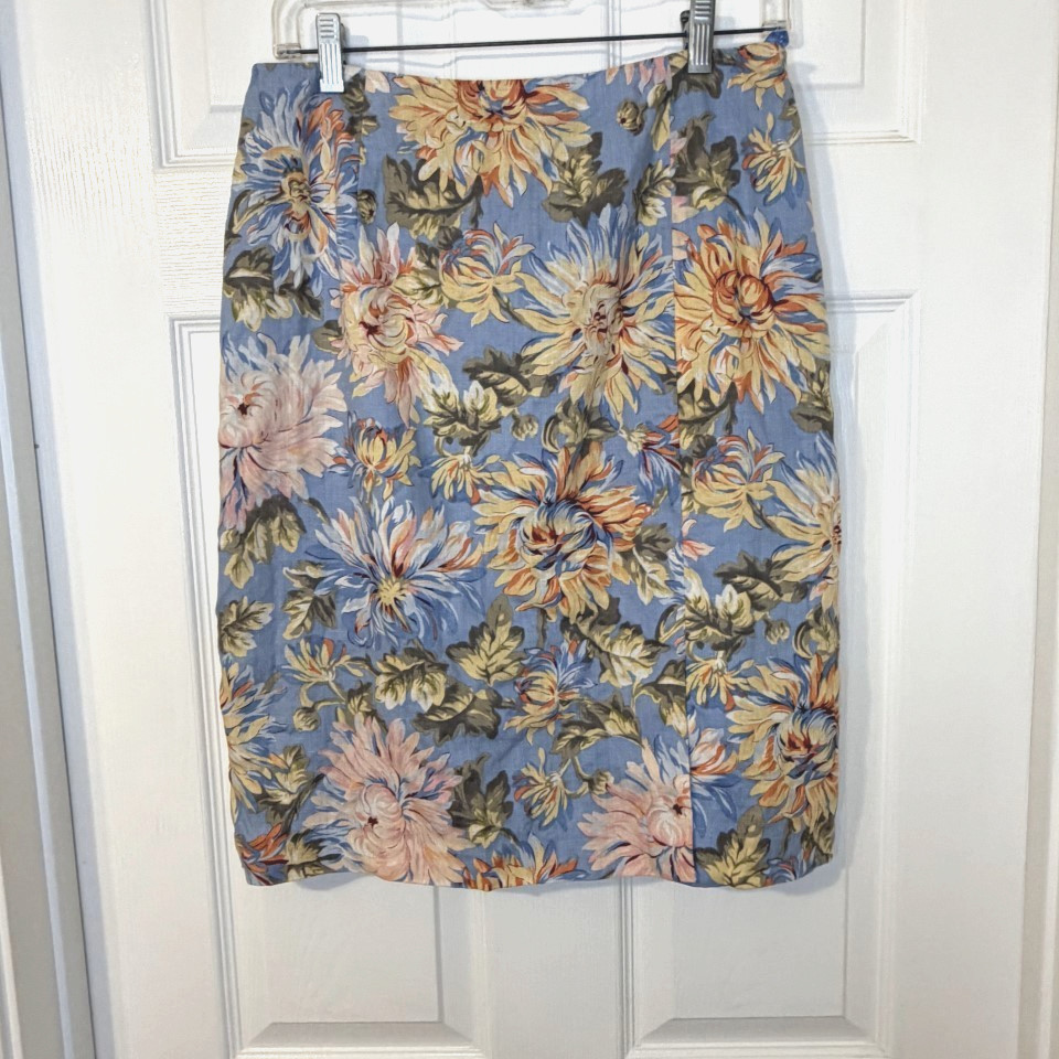 Talbots A Line Womens Skirt 10 Blue Peach Floral Lined Linen Hidden Side Zip