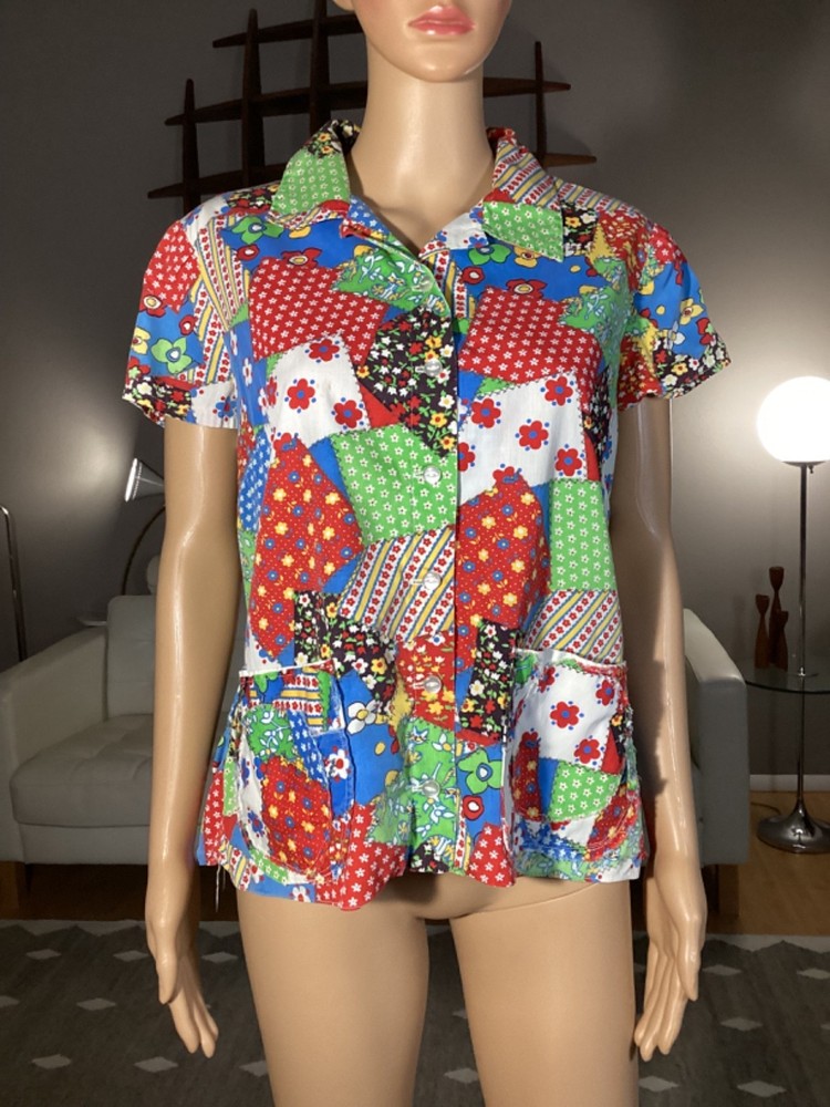 Vintage 60's 70’s Handmade Novelty Patchwork Top Hippie Boho Floral Cats