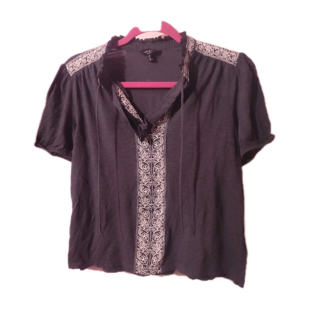 Lucky Brand Blouse Top Short sleeve Tie Front Embroidered Gray Size Small Sp