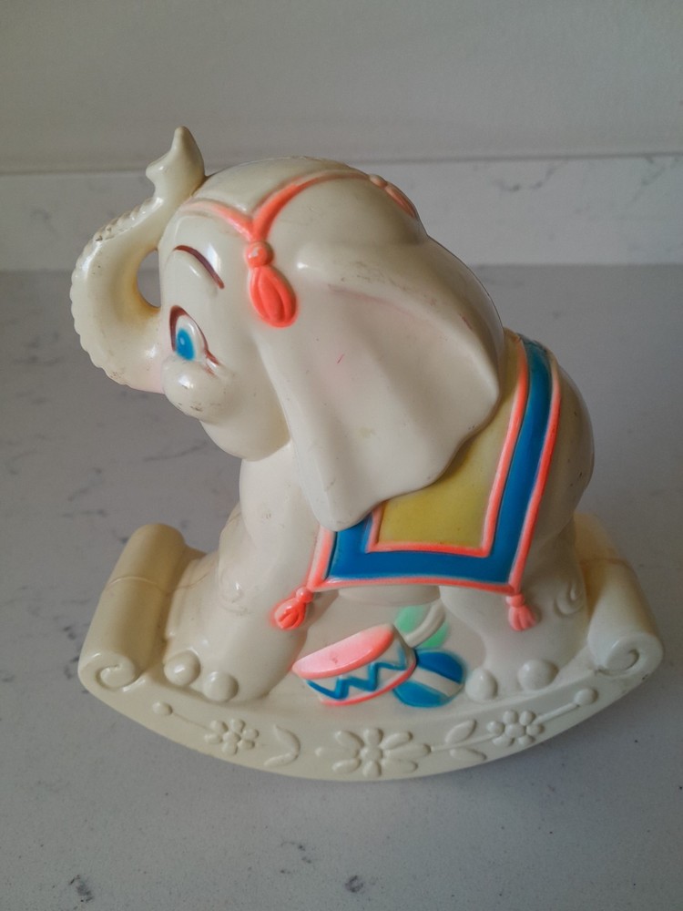 Vintage 70's Sanitoy Circus Elephant Rocking Chime Toy 7” Hard Plastic Celluloid
