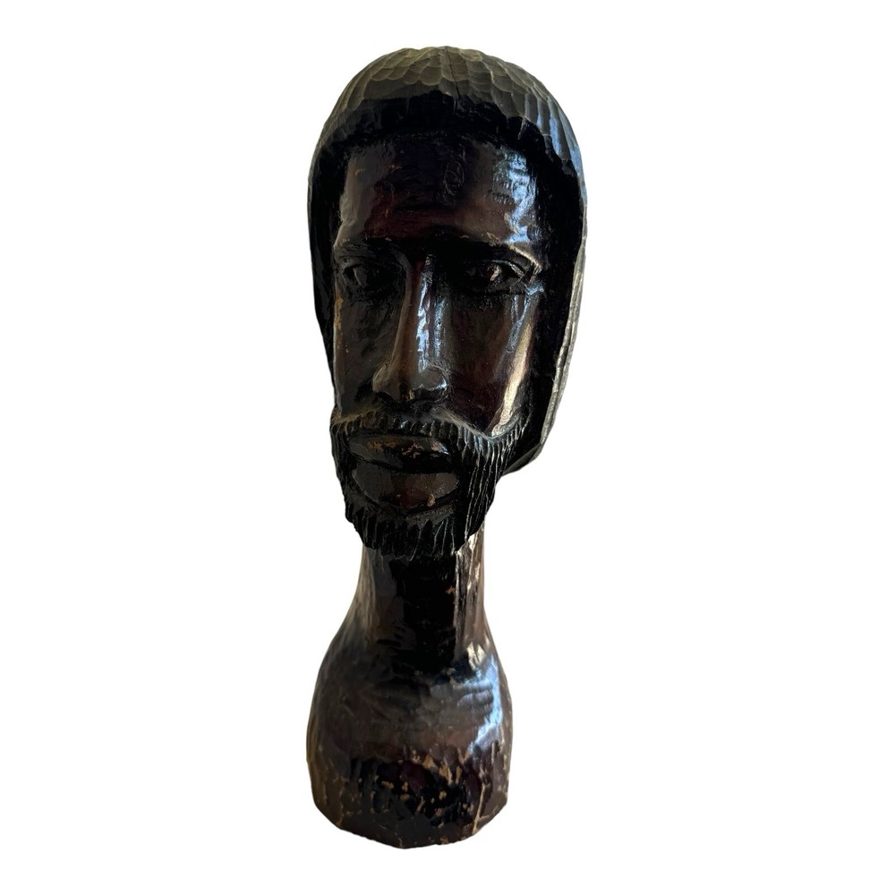 Vintage Hand-Carved Wooden Bust of Bearded Man, African Art Sculpture 10”