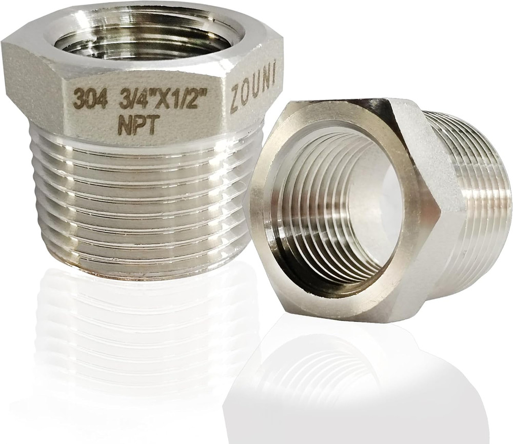 2 Pcs Reducer Hex Bushing, 304 Stainless Steel 3/4