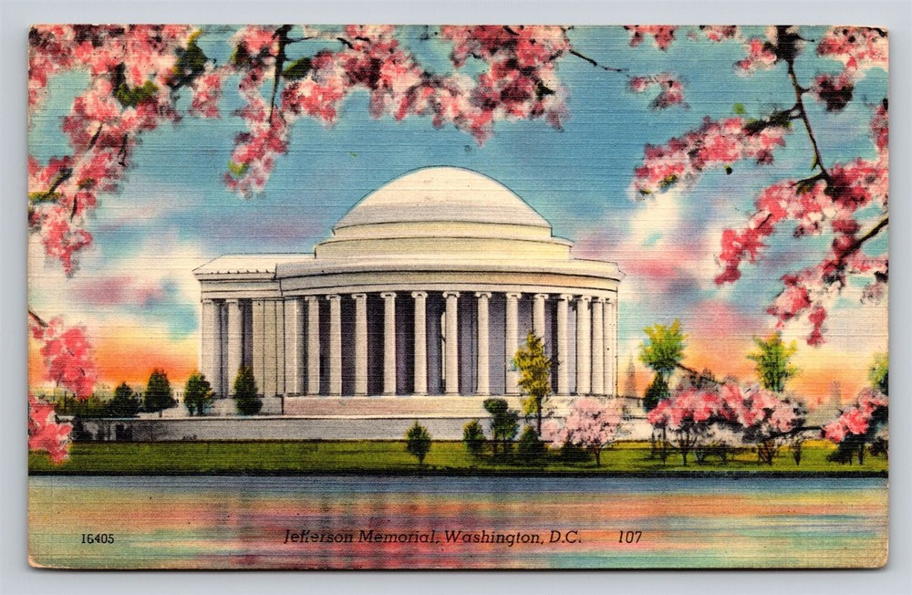 Washington DC Jefferson Memorial Cherry Blossoms Vtg Postcard View 1940s FLAWED