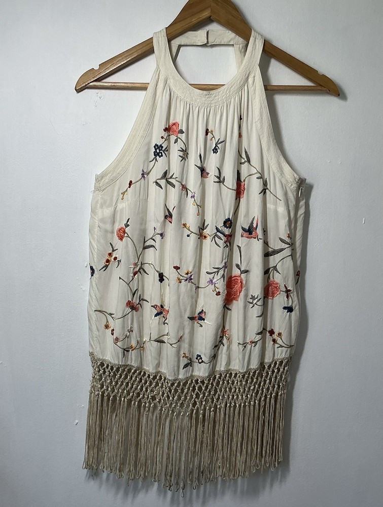 Anthropologie Women’s Boho Halter Top Ivory Embroidered Birds Gatsby Fringe SZ 6