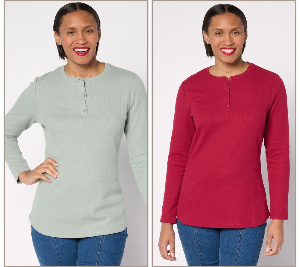 Denim & Co. Women's Top Sz L Essentials Waffle Knit Henleys Multi-colored