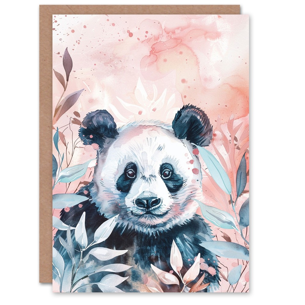 Bohemian Panda Soft Pink Teal Watercolour Animal Birthday Card