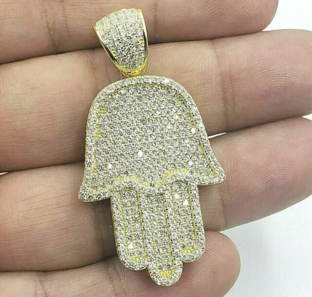 2Ct Round Cut Moissanite 2.5Inches Hamsa Hand Mens Pendant 14KYellow Gold Plated