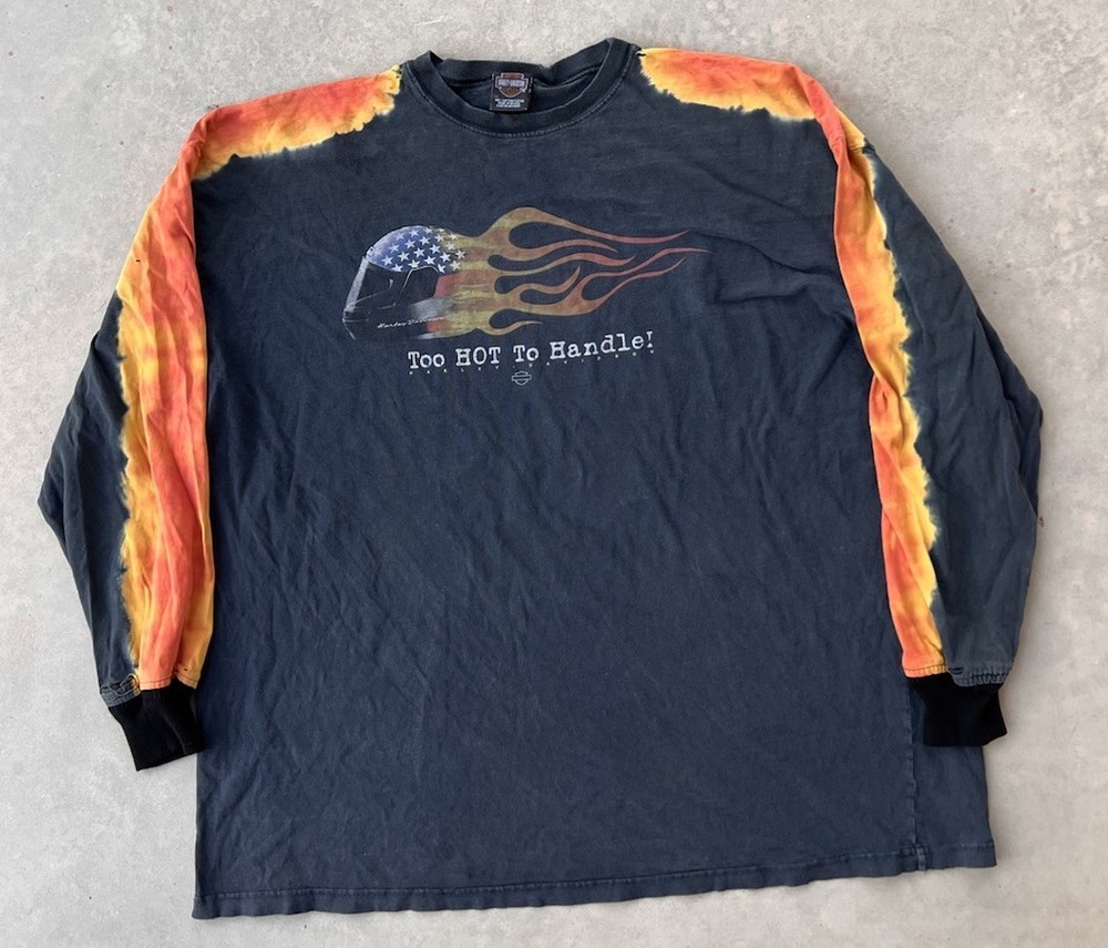 Vintage Harley Davidson Shirt 3XL Long Fire Flames Custom Cuffs DISTRESSED