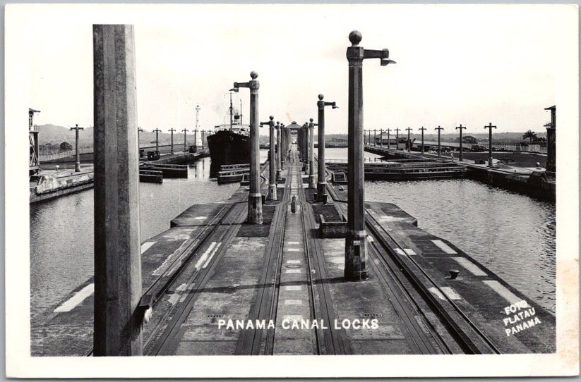 Vintage 1940s PANAMA CANAL LOCKS Real Photo RPPC Postcard / 