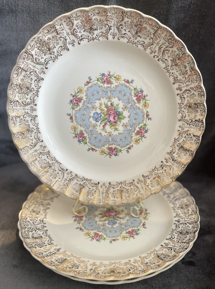American Limoges Lyric Floral Porcelain Plates White Gold Blue Pink Green Round