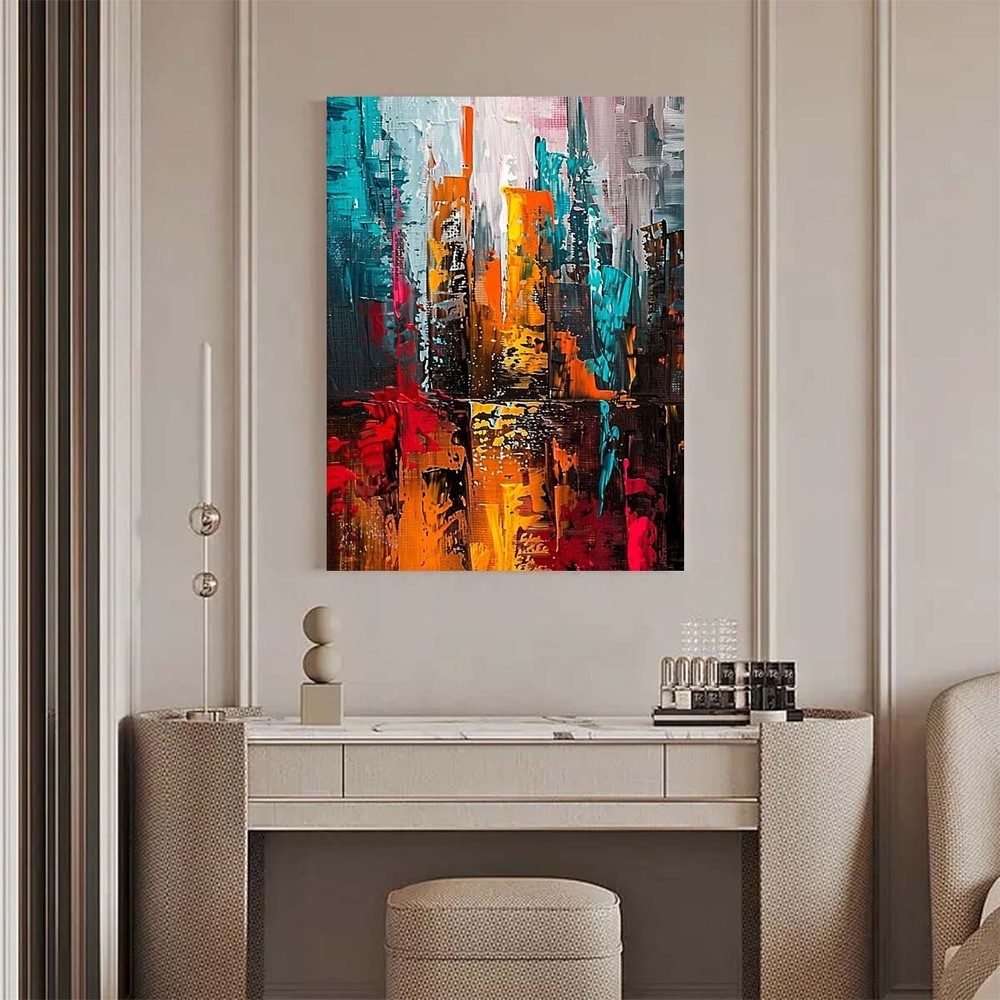 Blue Hand Painted Abstract City Painting On Canvas Acrylic Art Red landscape