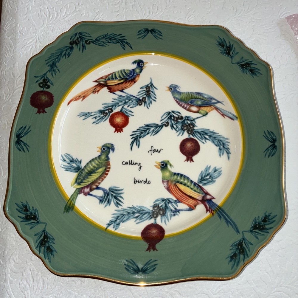Anthropologie Lou Rota 12 Days of Christmas Dessert Plate 4 Calling Birds Nature
