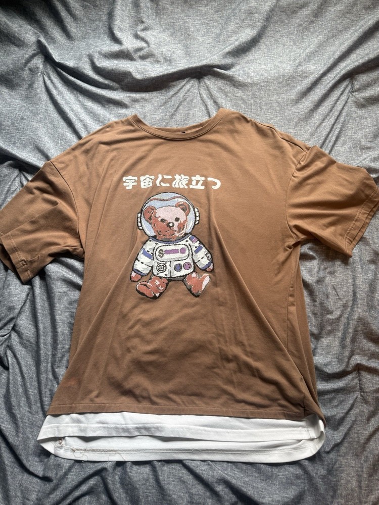 Men's Brown Bear Astronaut Space Graphic Print Crew Neck T-Shirt XL Embroidered