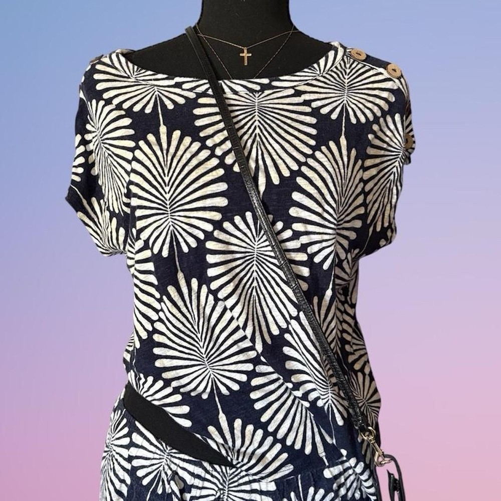 Set of 2 -Joie Linen Top & Capris  Navy Ivory Tropical Floral Size S Resort Wear