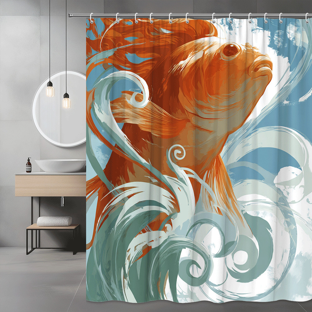 Orange Fish Shower Curtain Blue Swirl Graphic Print