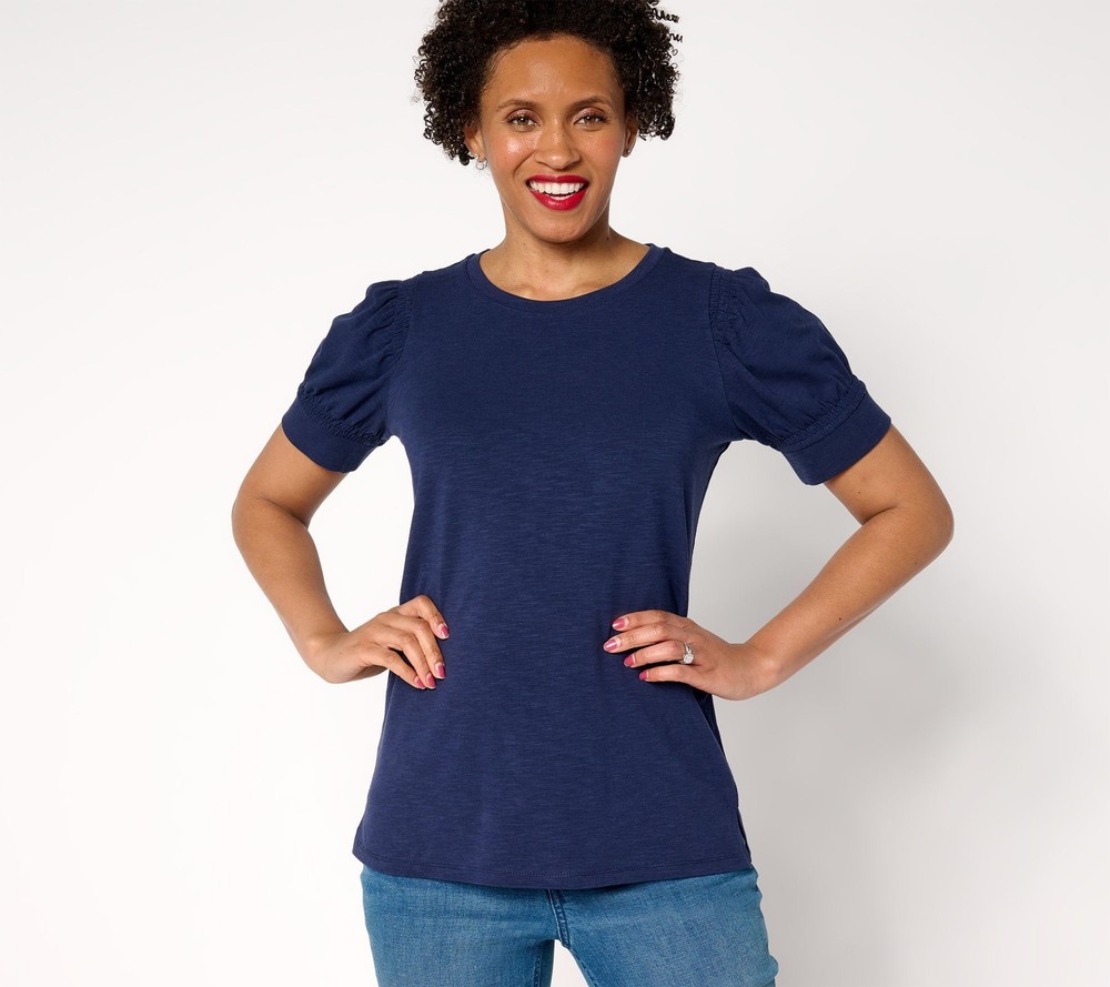 Gloria Vanderbilt Women's Top Plus Sz 1X Double Smocked Sleeve Blue A686029