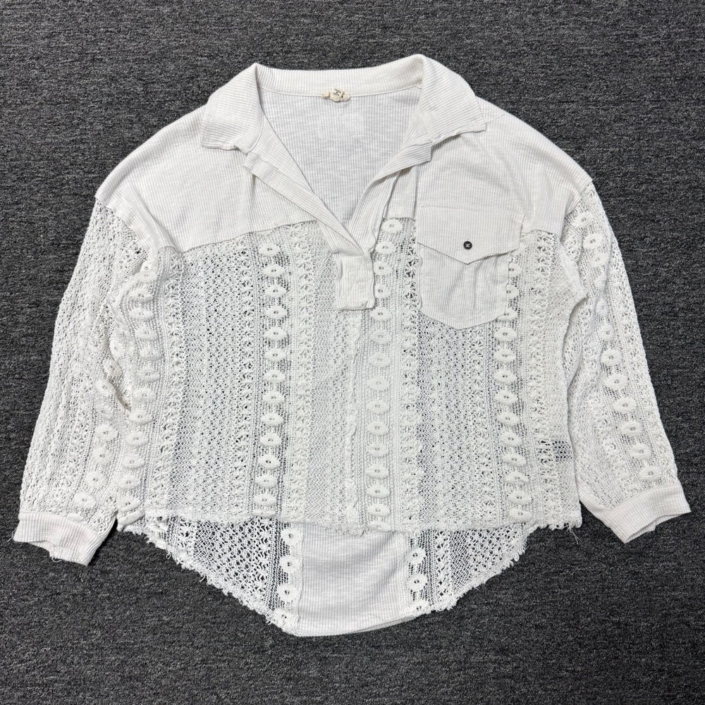 POL Anthropologie Coastal Cottage Crochet Lace Panel Top Shirt Blouse Sz S White