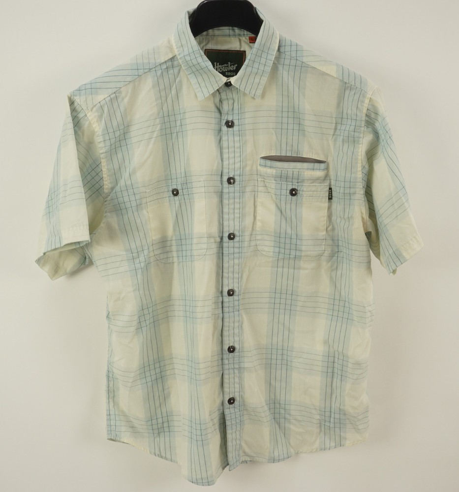 Howler Bros Performance Fishing Shirt Men's Large Off-White Blue Plaid Vented