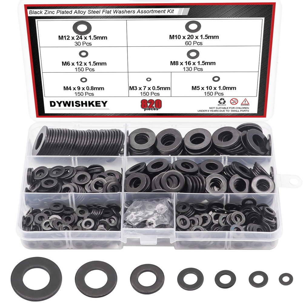 DWISHKEY 820Pieces 7 Sizes Black Zinc Plated Steel Flat Washers Assortment Kit