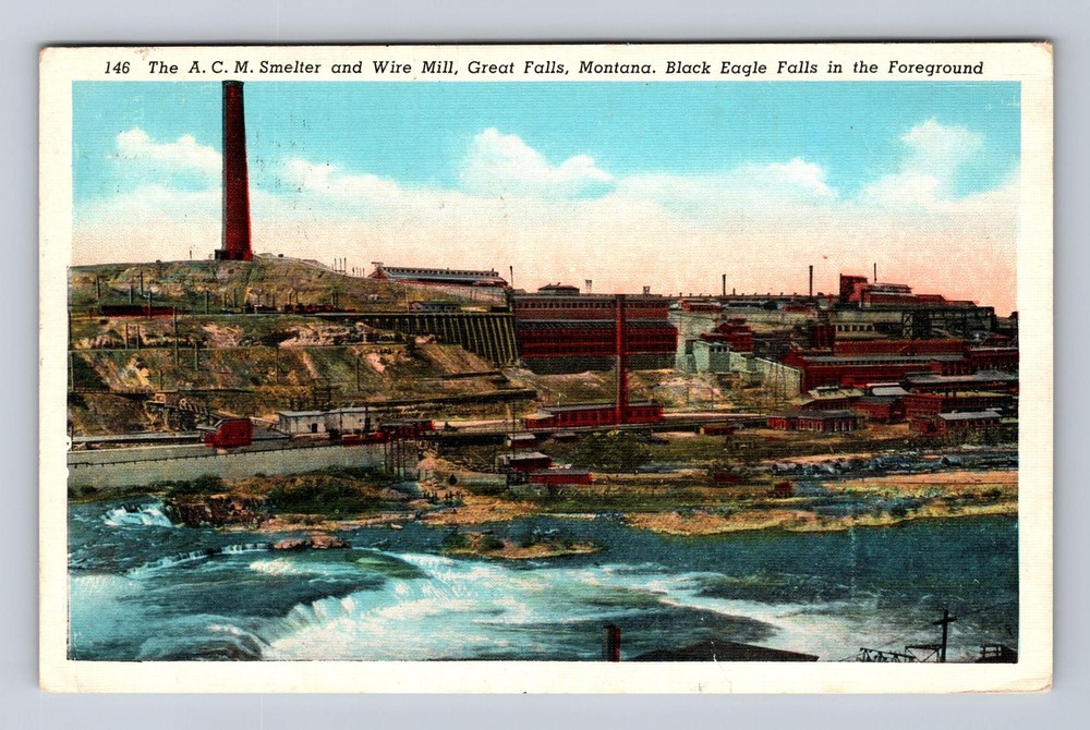 Great Falls MT-Montana, A.C.M Smelter, Black Eagle Falls Vintage Postcard