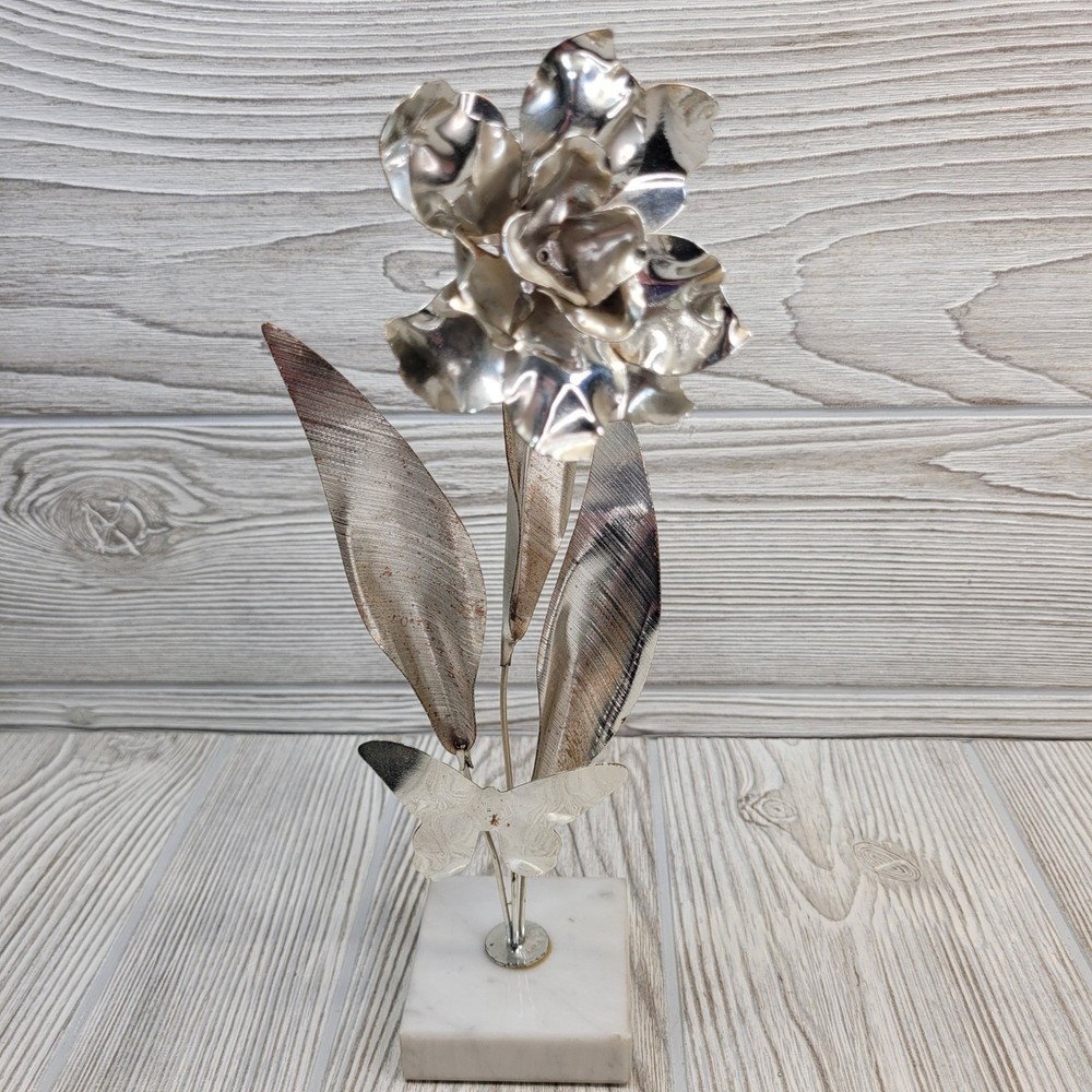 Metal Art Silver Tone Metal Flower Sculpture Marble Base Handmade Vtg 11.5in
