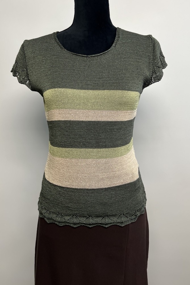 Vintage Knit Top Crocheted Hem Silk Blend Small Indie Boho Olive Green Fairy
