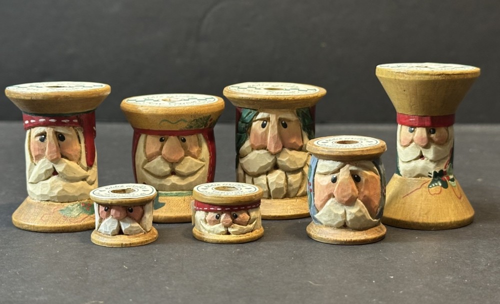 Lot of 7 Eddie Walker Sew Sweet Santa Claus Spools Vintage Christmas Figures