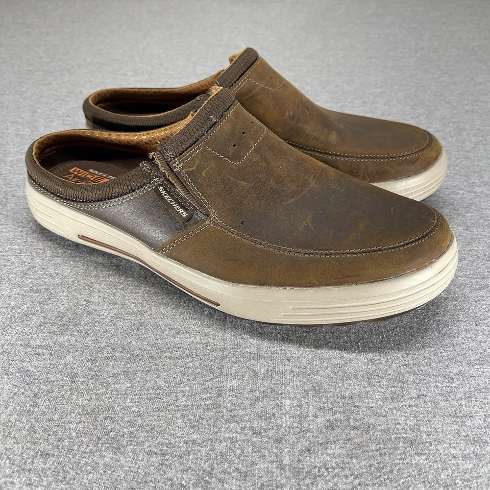 Skechers Porter Vamen Slip-On Loafer Mens 12 Wide Fit Brown Leather Mules Shoes