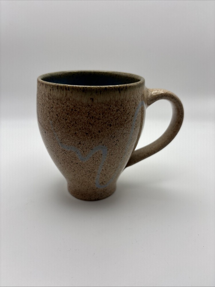 Hand Thrown Studio Pottery Mug – Speckled Stoneware Coffee Cup Blue Interior