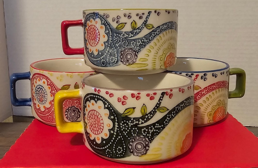 Pier 1 One Imports Hand Painted Stackable Coffee Cups Mug Set of 4