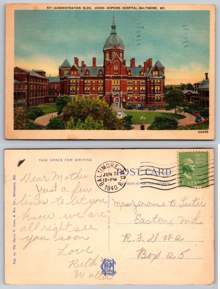 1940 Johns Hopkins Hospital Administration Bldg Baltimore MD Linen Postcard