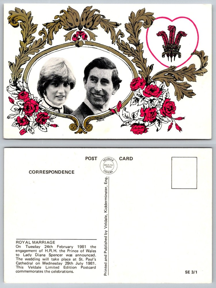 1981 Royal Wedding Prince Charles Lady Diana Engagement Postcard Veldale