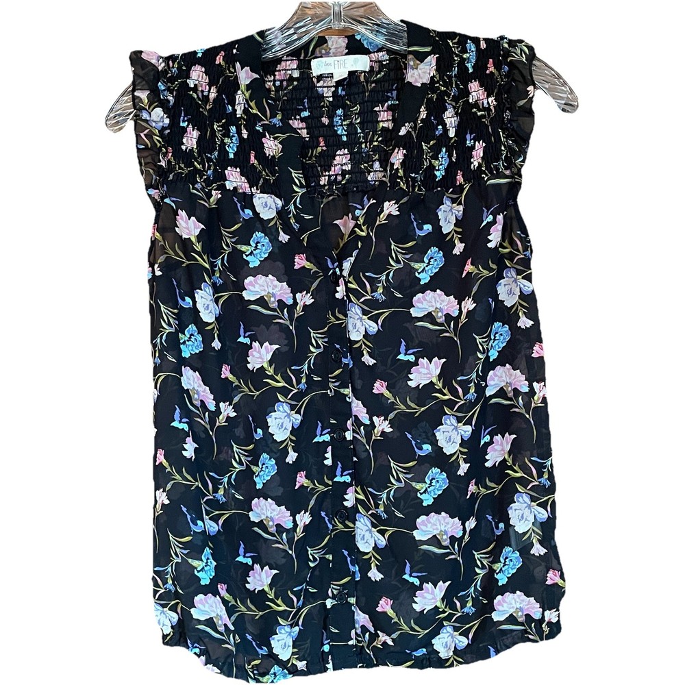 Love Fire Women's Floral Cottagecore Button Shirt Round Neck in M Black Pink Blue