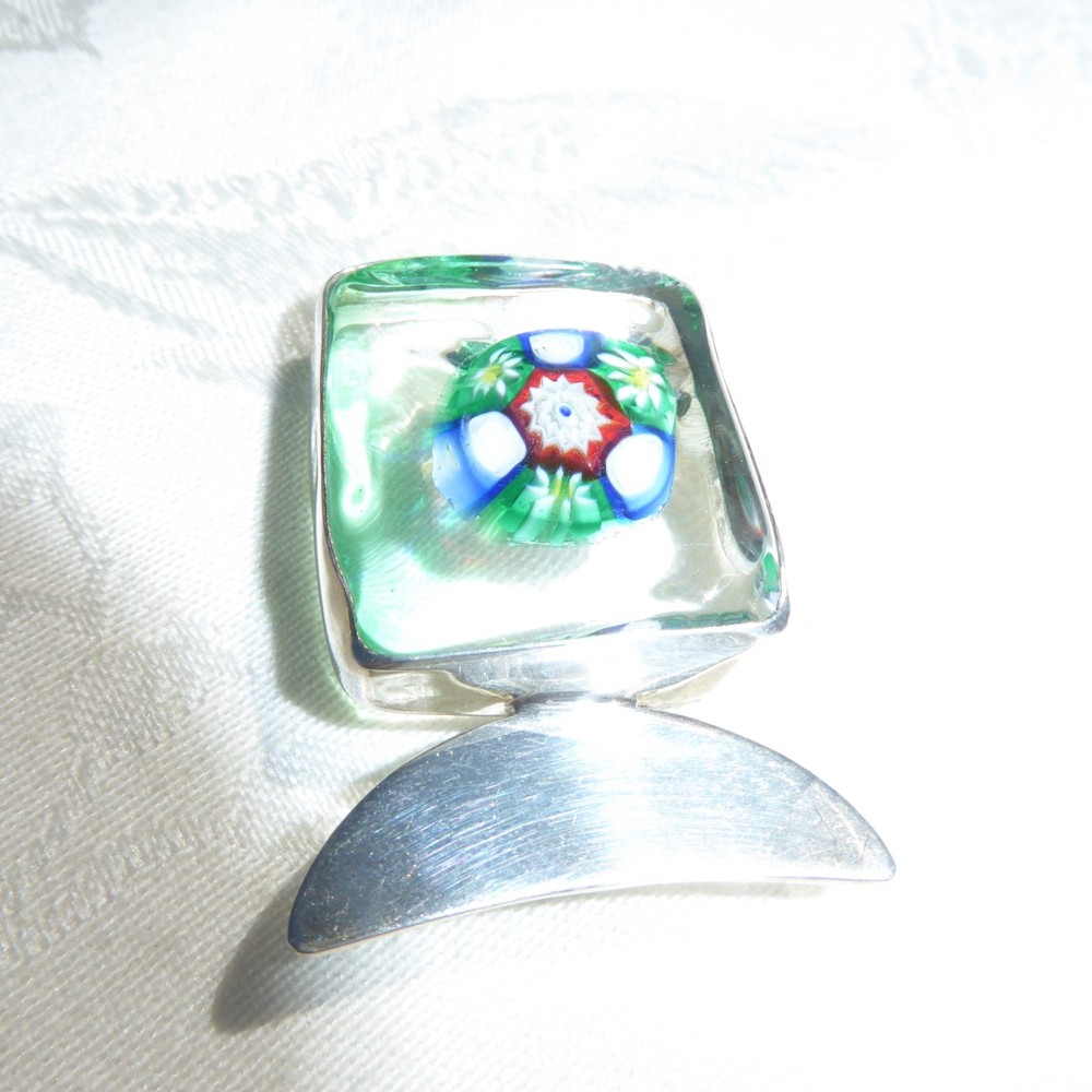 Ornate Sterling Silver Italy Large Murano Art Glass With Millefiori Fish Pendant