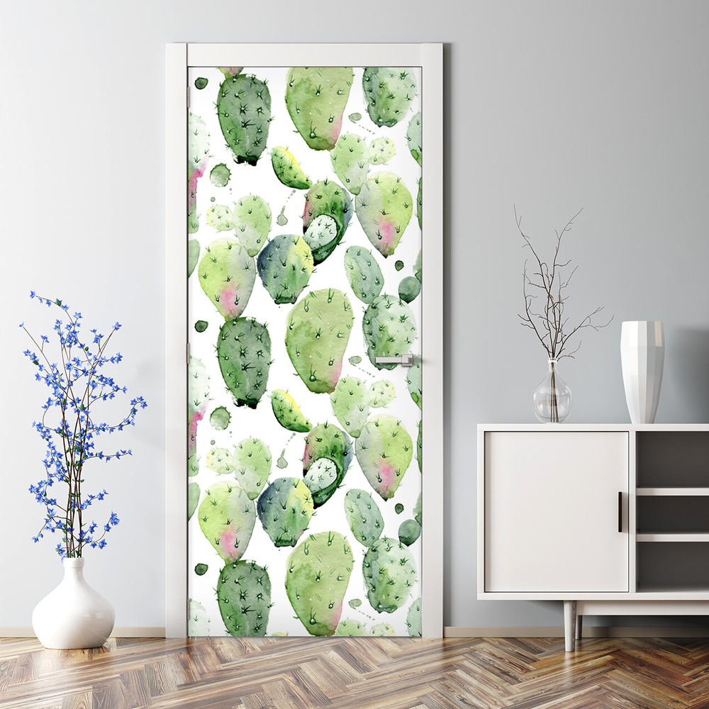Tropical Watercolor Cactus Bubble Free Repositionable Door Decal