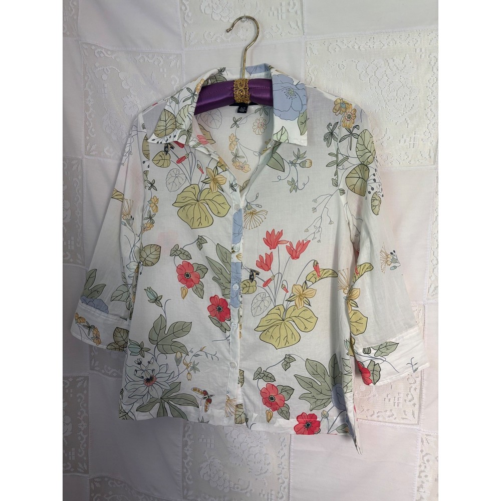 100% Cotton White Floral Cottage Romantic 3/4 Sleeve Button Up Blouse Size S-L