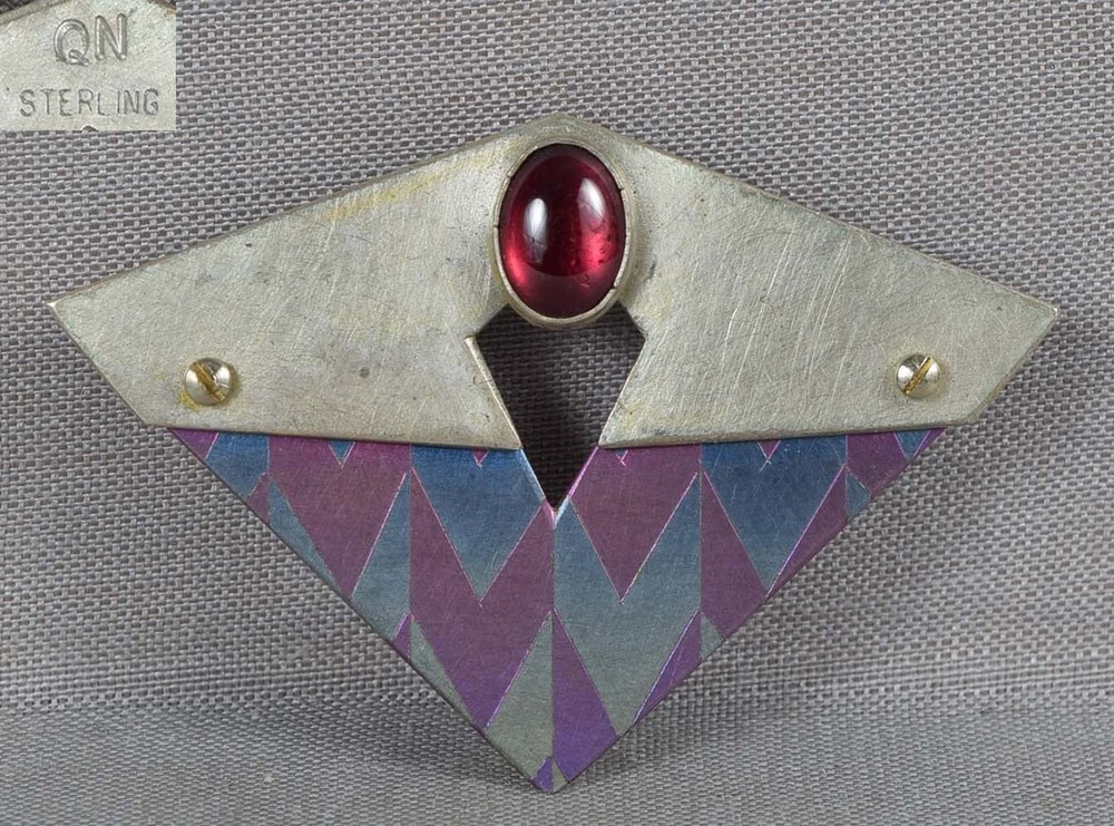 1990s sterling silver Garnet MODERNIST BRUTALIST BROOCH by QUINN GERMANY