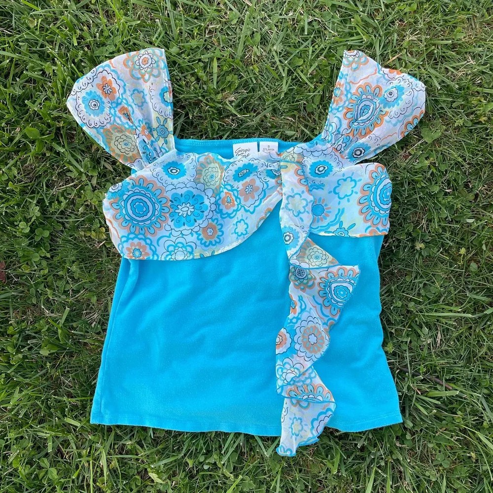 READ! Vintage Electric Blue Floral Chiffon Cascading Ruffle Cap Sleeve Blouse